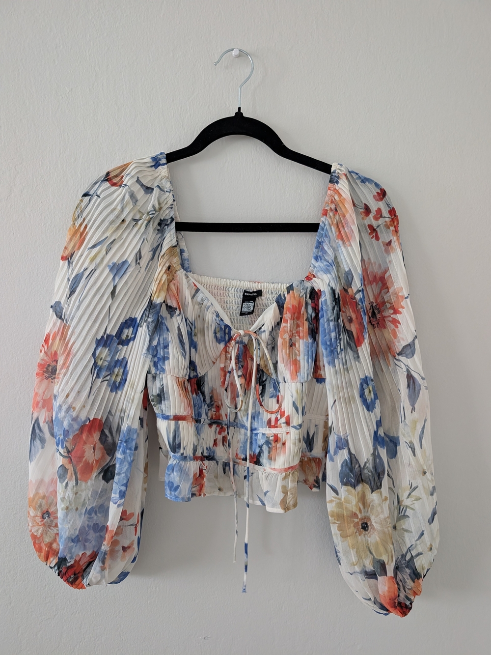 Express Floral Tie-Front Puff Sleeve Top - Blue, Coral, Cream
